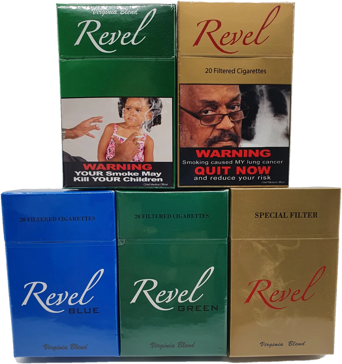 Revel cigarettes range: Blue, Green and Gold packs